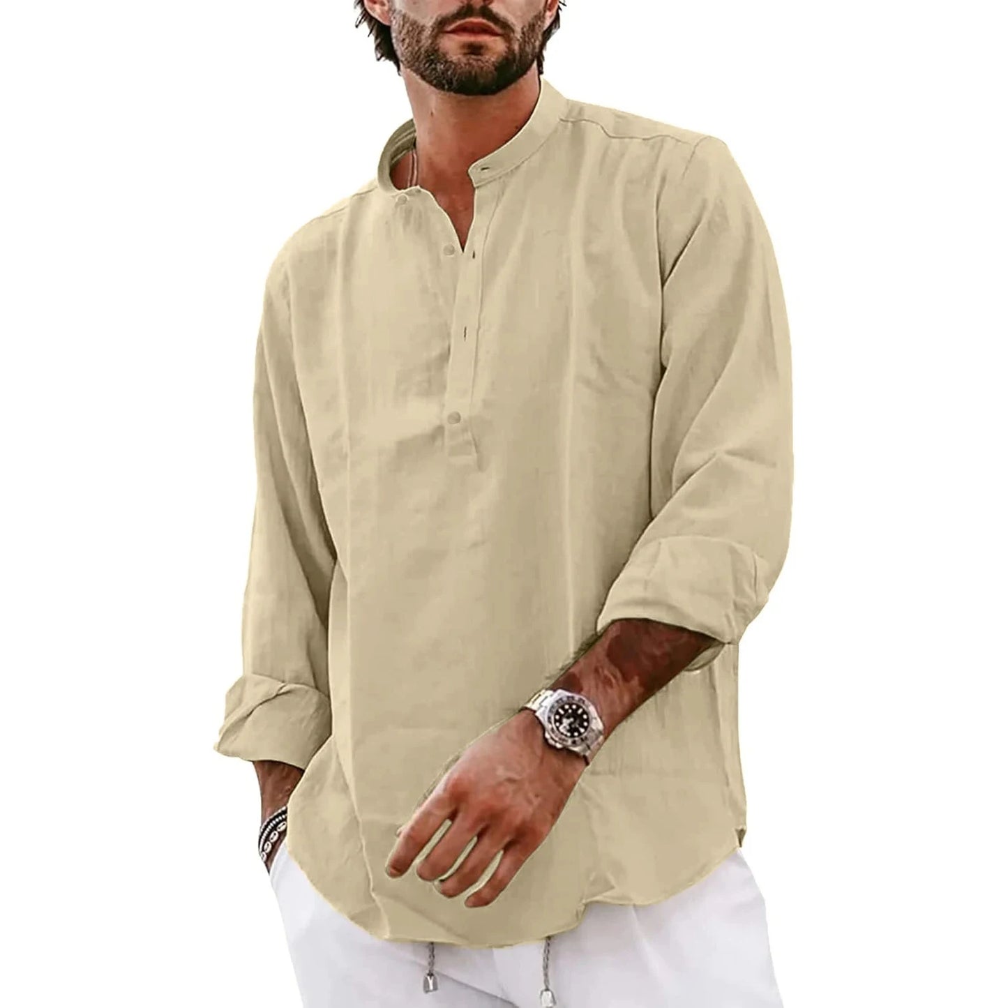 Polo Homme Grande Taille – Manches Longues, Col Mao
