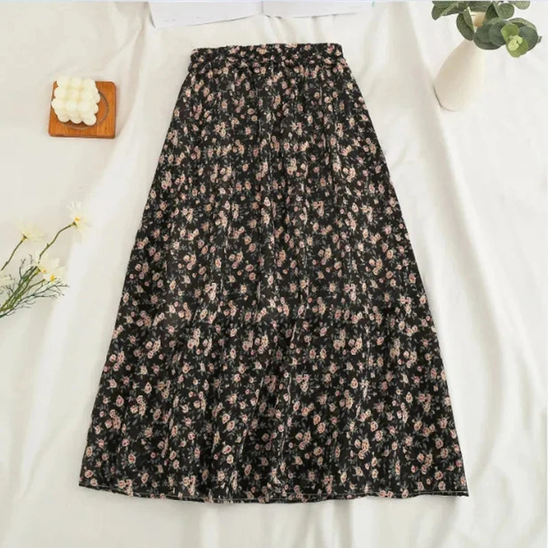 Jupe Midi en Chiffon pour Femme - Imprimé Fleuri, Taille Haute, Coupe Ample, Style Décontracté