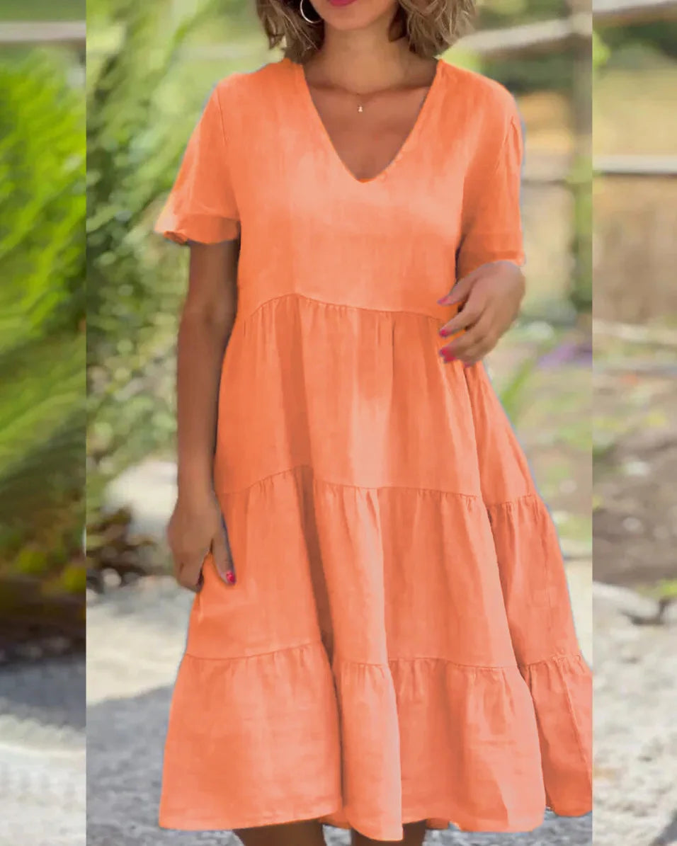Robe Ample Femme Grande Taille – Lin et Coton, Manches Courtes, Col V, Coupe Évasée, Décontractée, Unie