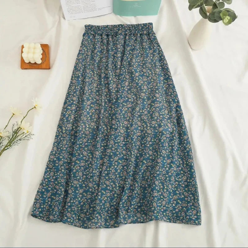Jupe Midi en Chiffon pour Femme - Imprimé Fleuri, Taille Haute, Coupe Ample, Style Décontracté
