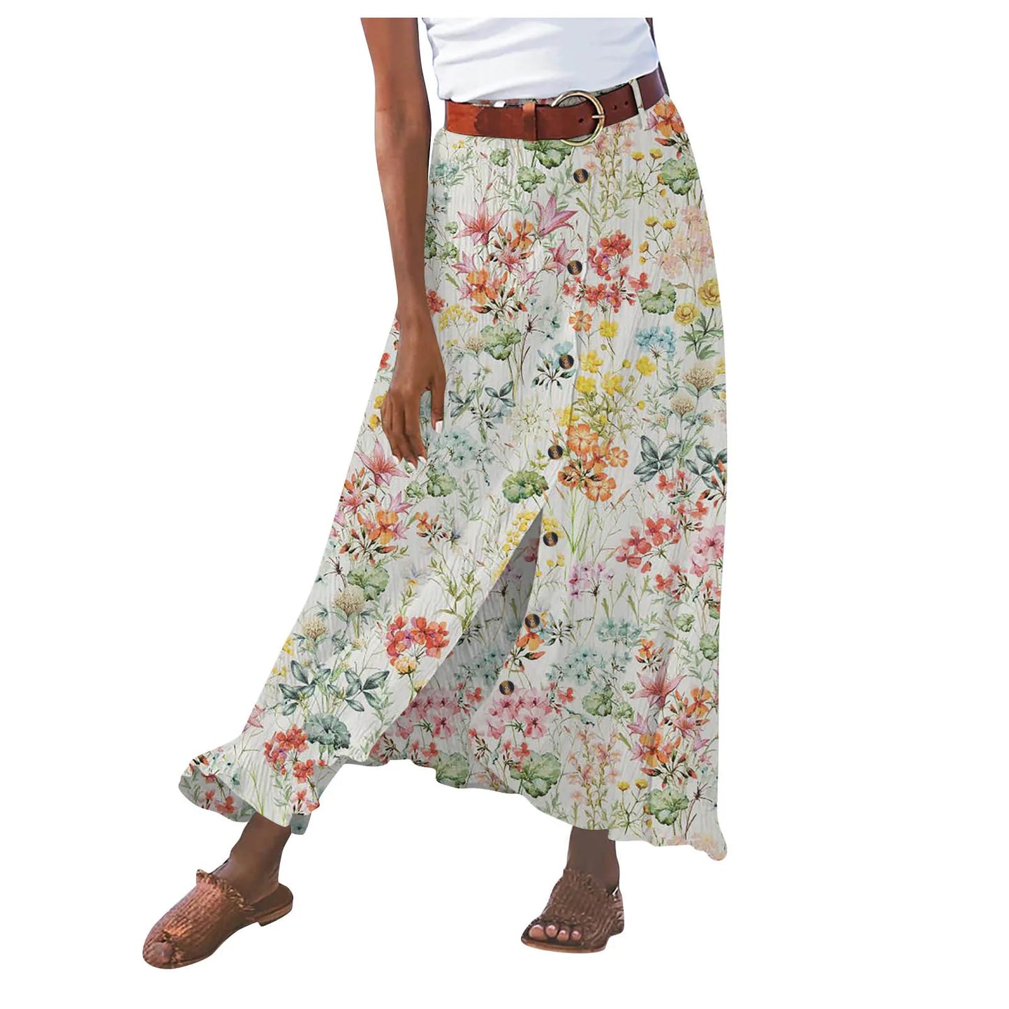 Jupe en coton et lin, fendue, taille mi-haute, jupe longue.