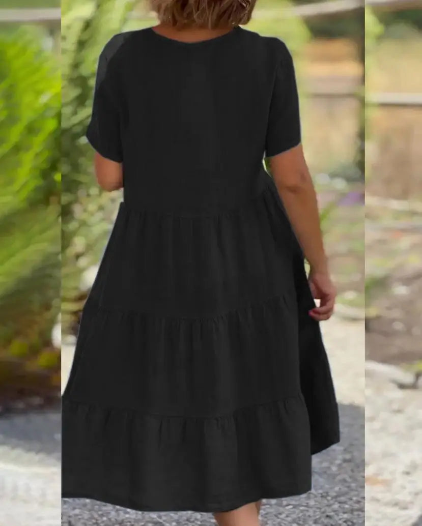 Robe Ample Femme Grande Taille – Lin et Coton, Manches Courtes, Col V, Coupe Évasée, Décontractée, Unie