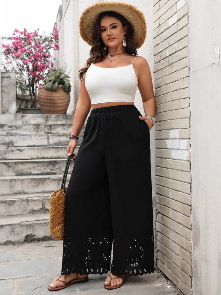 Pantalon Femme Grande Taille Été - Taille Haute Élastique, Coupe Ample et Plissée, Large et Confortable