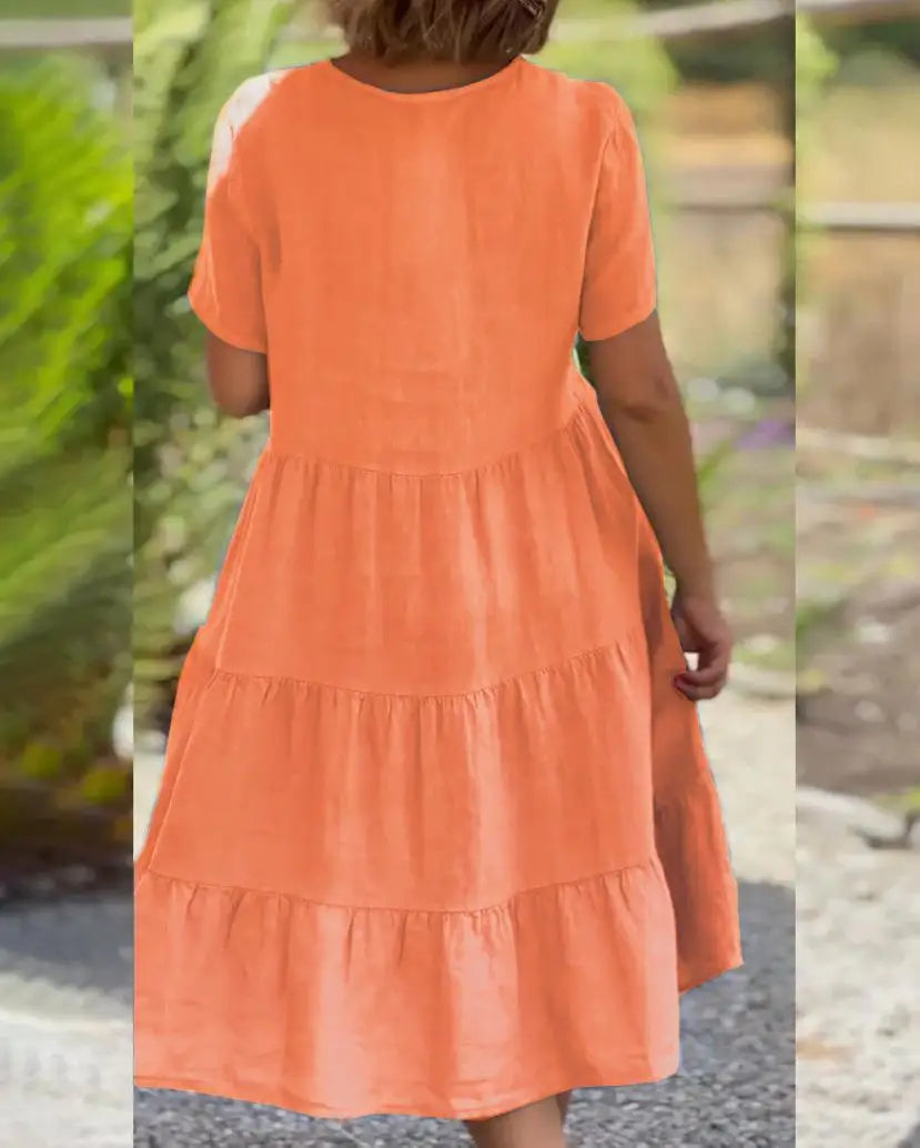 Robe Ample Femme Grande Taille – Lin et Coton, Manches Courtes, Col V, Coupe Évasée, Décontractée, Unie