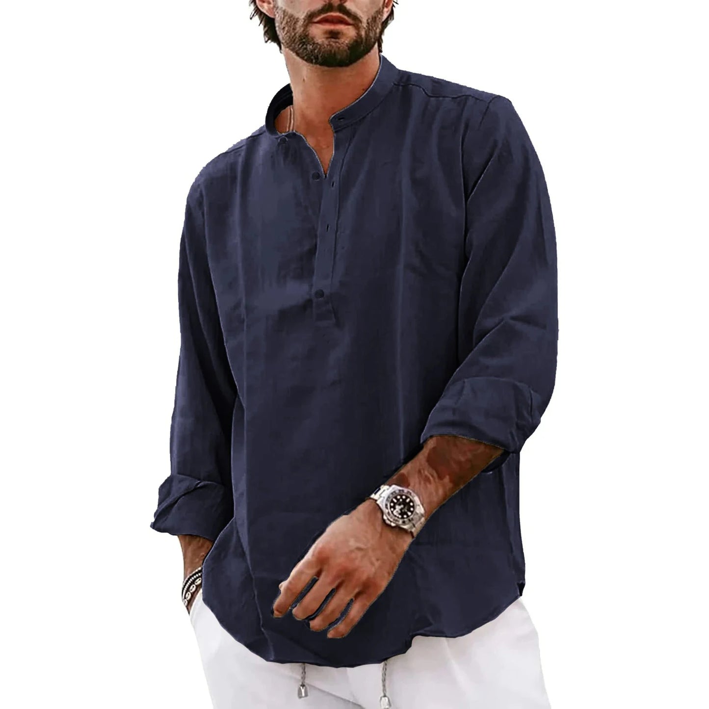 Polo Homme Grande Taille – Manches Longues, Col Mao