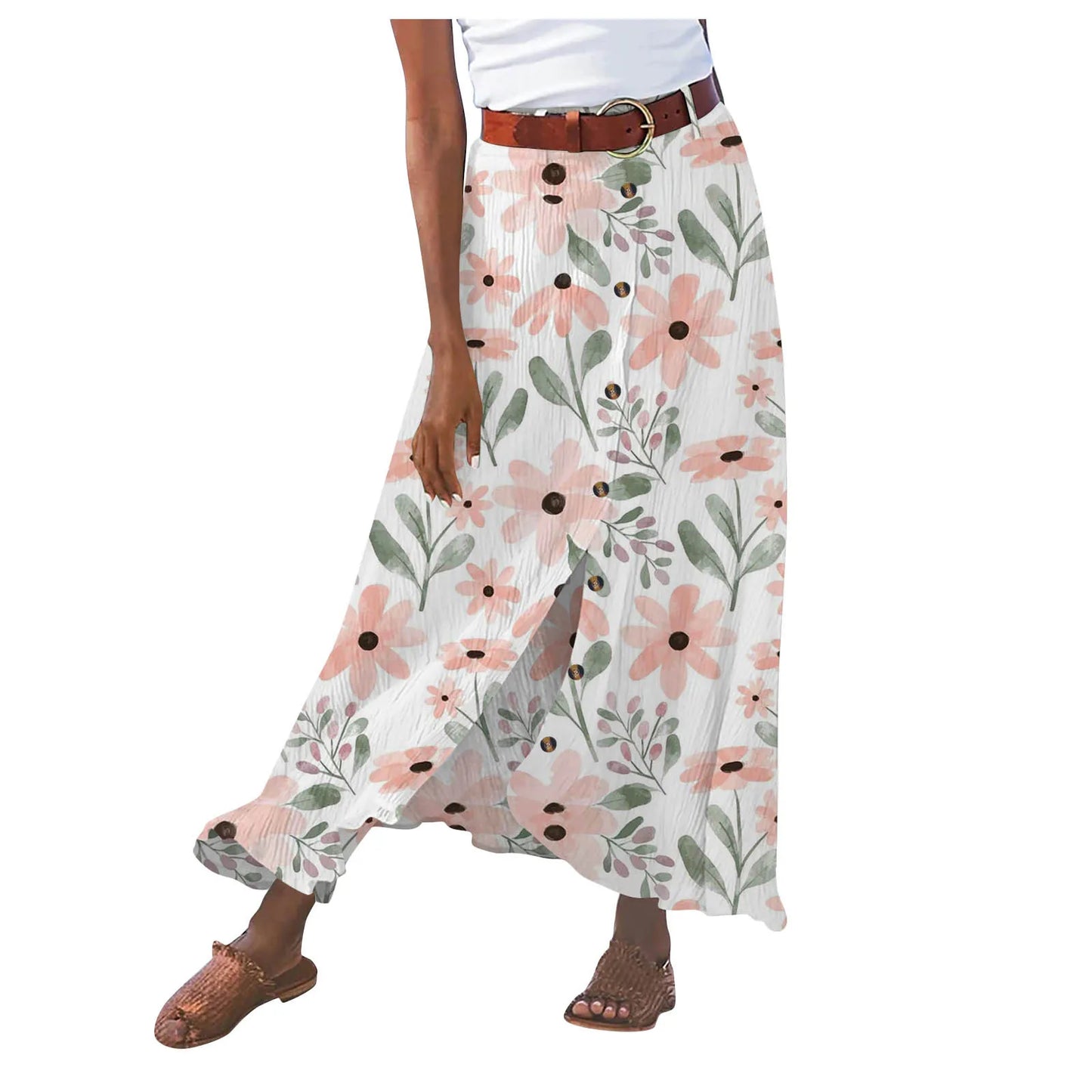 Jupe en coton et lin, fendue, taille mi-haute, jupe longue.