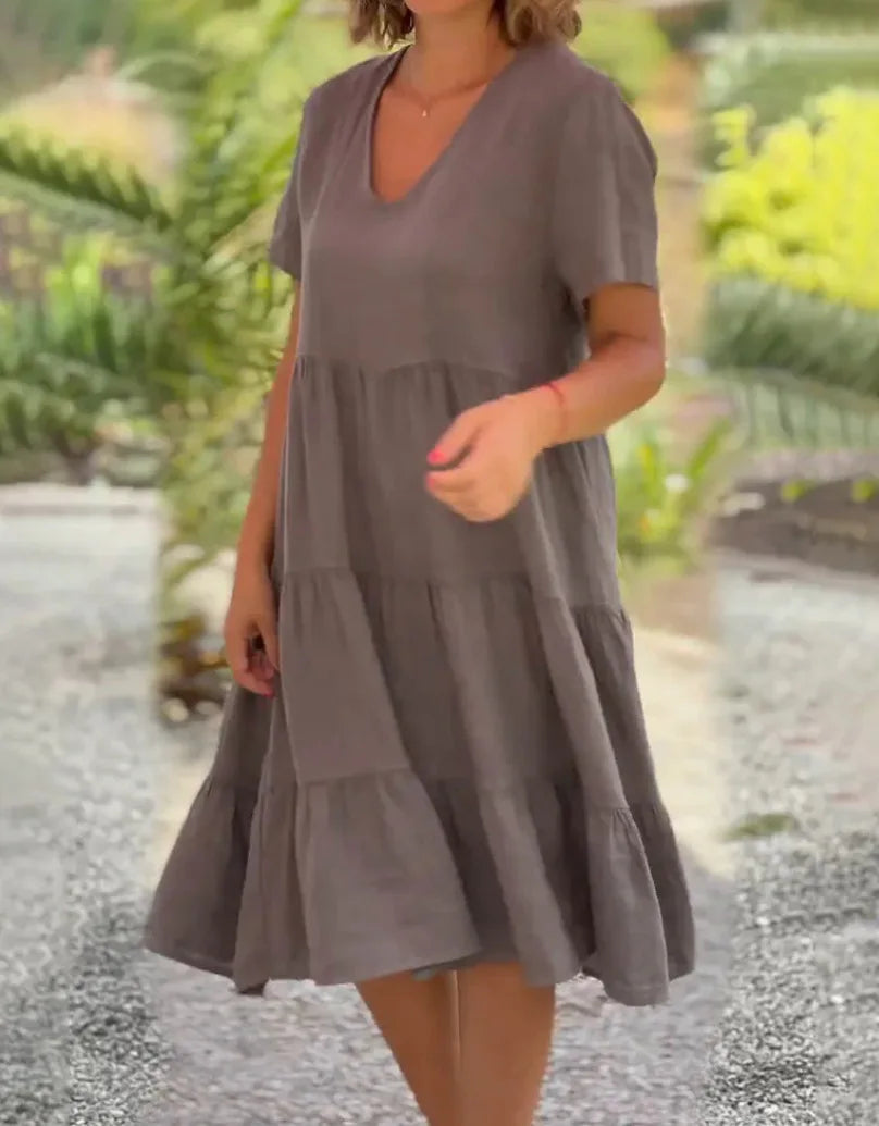 Robe Ample Femme Grande Taille – Lin et Coton, Manches Courtes, Col V, Coupe Évasée, Décontractée, Unie