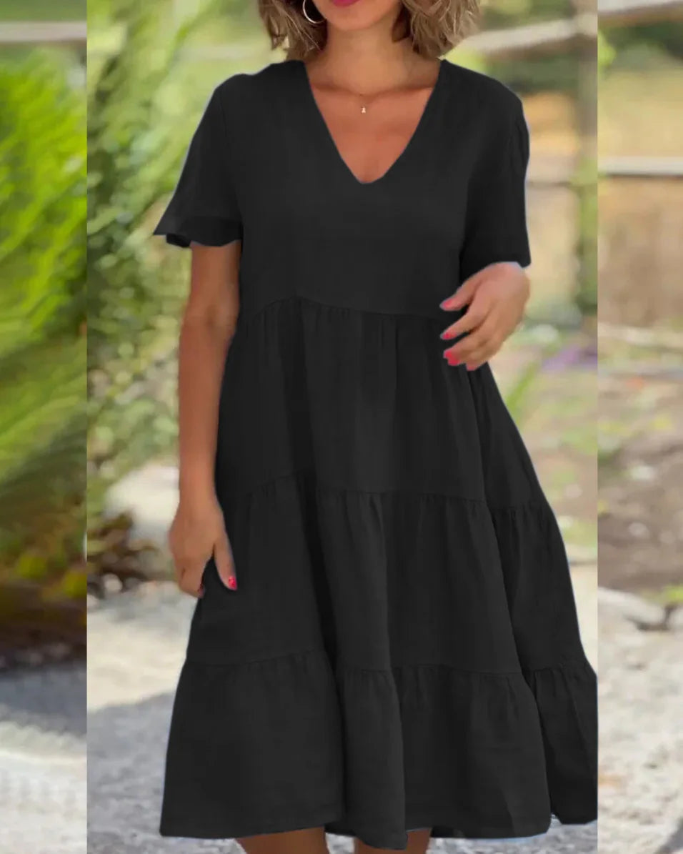 Robe Ample Femme Grande Taille – Lin et Coton, Manches Courtes, Col V, Coupe Évasée, Décontractée, Unie