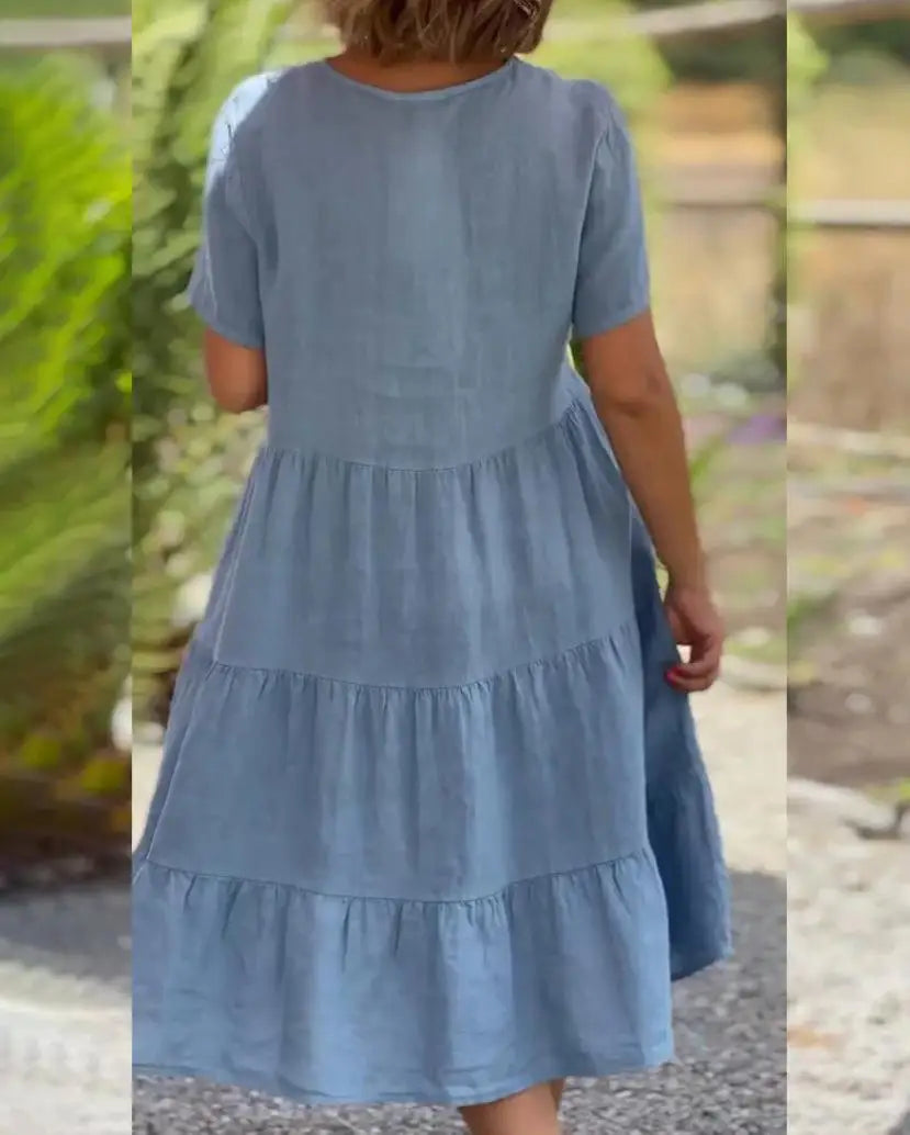 Robe Ample Femme Grande Taille – Lin et Coton, Manches Courtes, Col V, Coupe Évasée, Décontractée, Unie