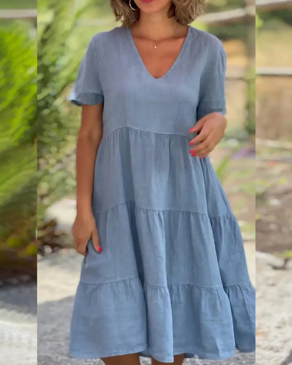 Robe Ample Femme Grande Taille – Lin et Coton, Manches Courtes, Col V, Coupe Évasée, Décontractée, Unie