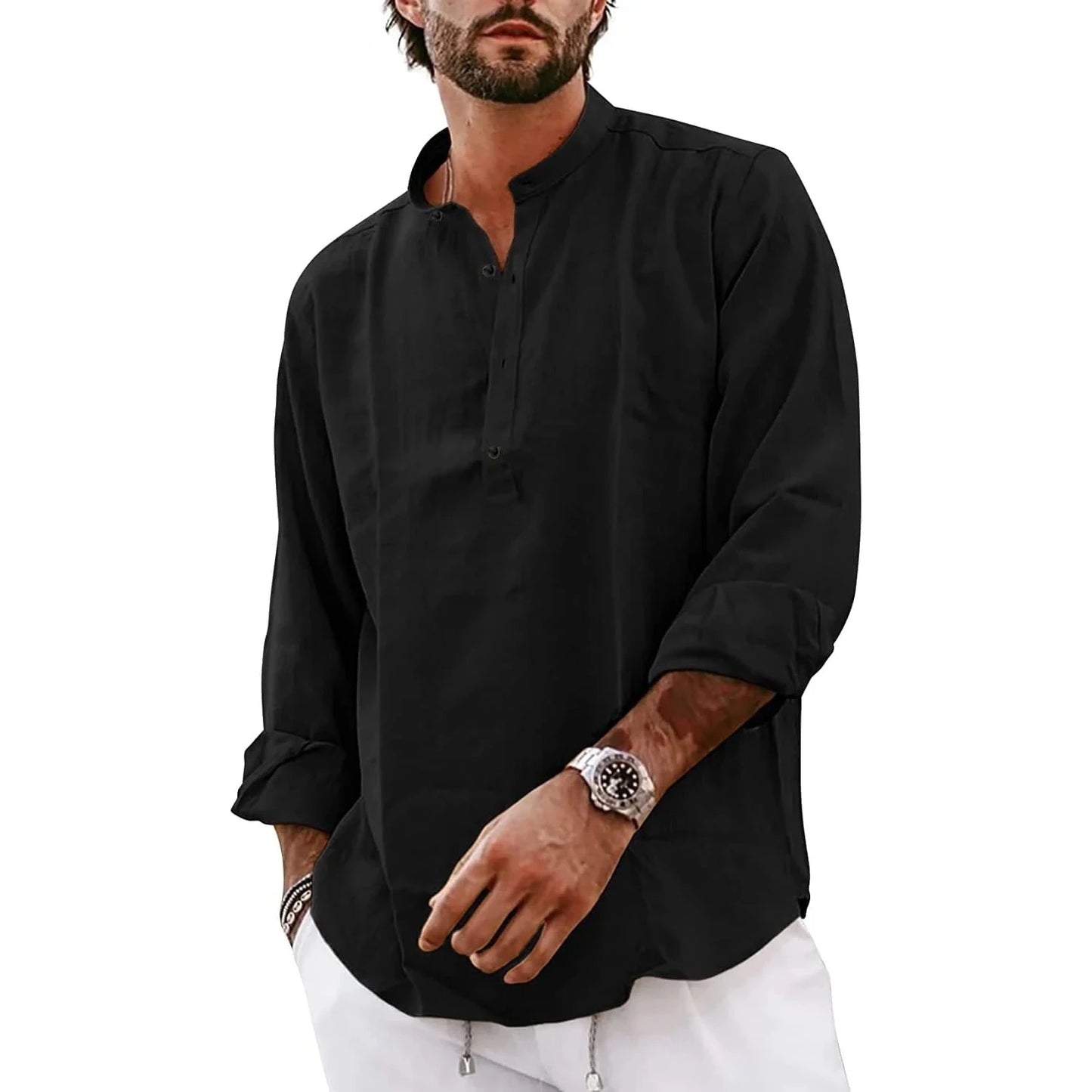 Polo Homme Grande Taille – Manches Longues, Col Mao