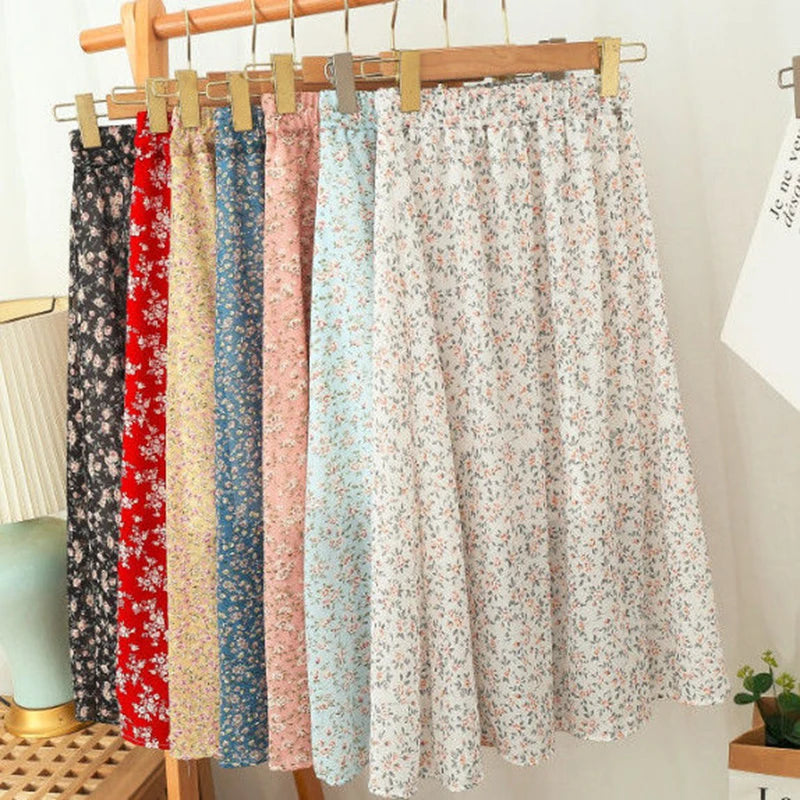 Jupe Midi en Chiffon pour Femme - Imprimé Fleuri, Taille Haute, Coupe Ample, Style Décontracté
