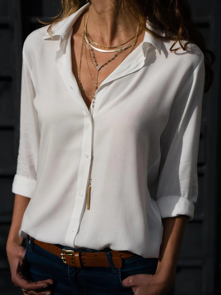 Blouse Ample Femme Grande Taille – Chiffon, Col Revers, Manches Longues, Unie, Boutonnée, Style Élégant