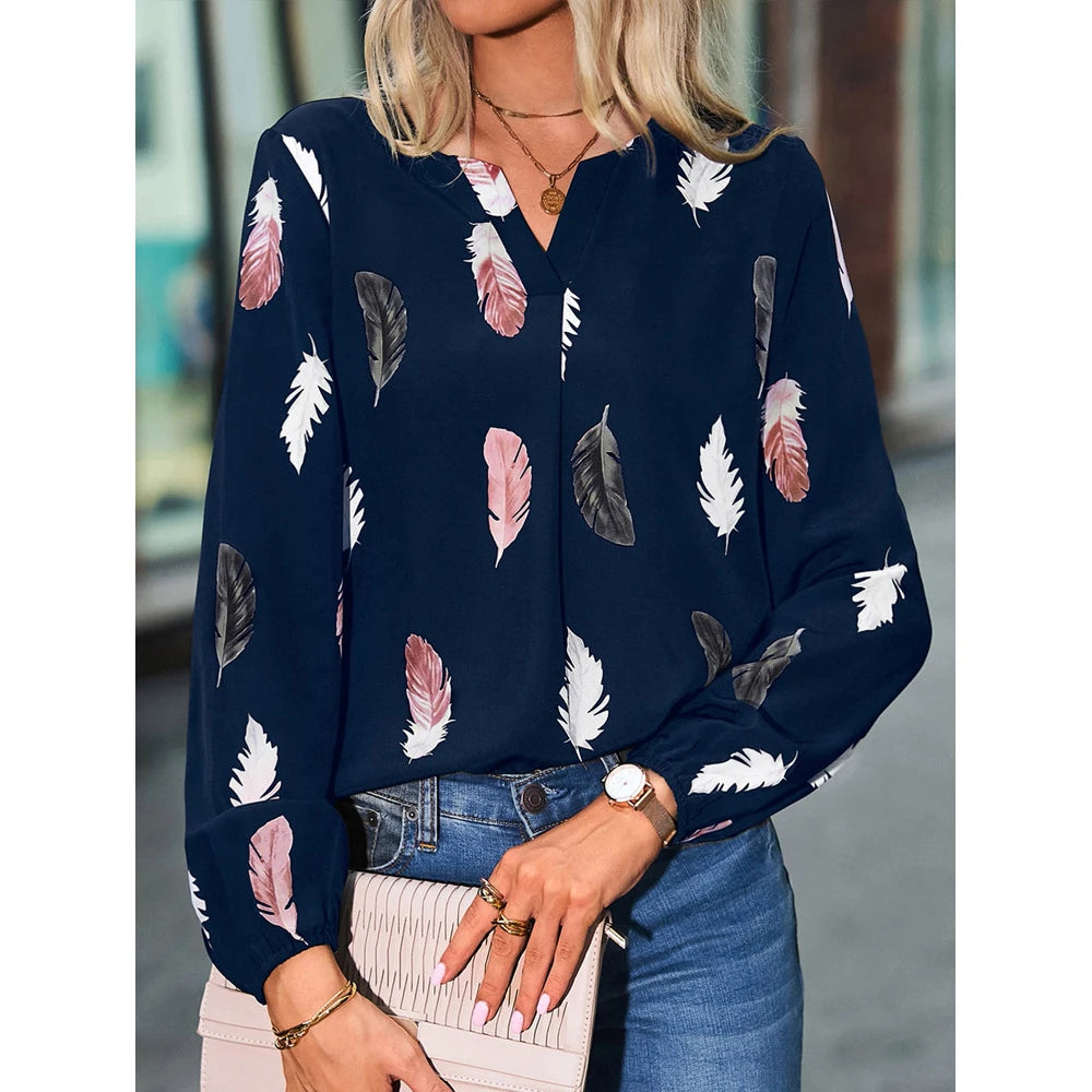 Blouse Élégante Femme Grande Taille – Manches Longues, Motif Plumes
