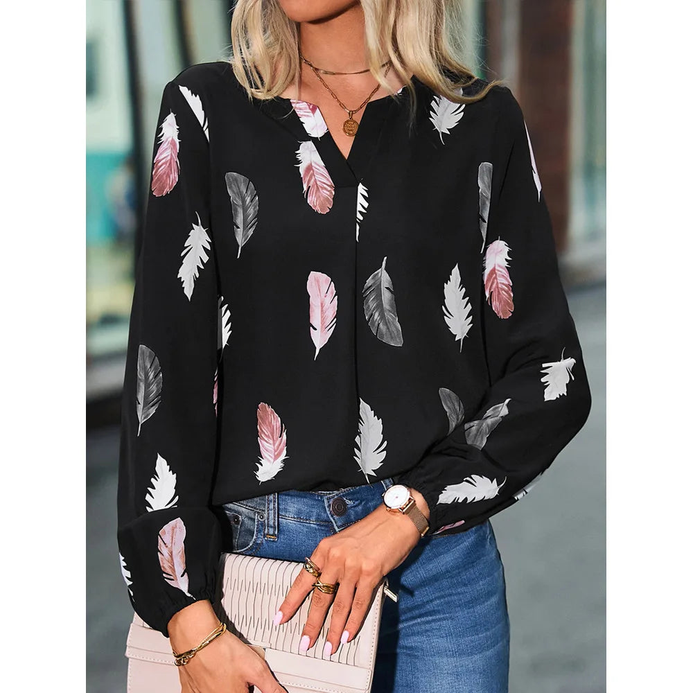 Blouse Élégante Femme Grande Taille – Manches Longues, Motif Plumes