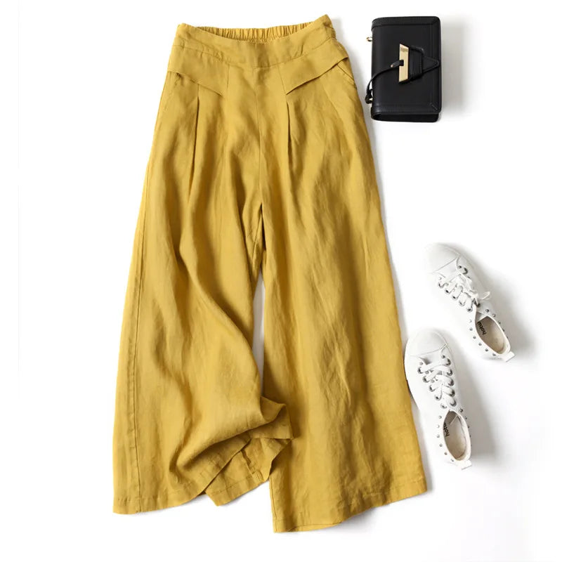 Pantalon Large d'Été en Coton et Lin pour Femme – Grande Taille, Taille Élastique, Coupe Ample et Décontractée