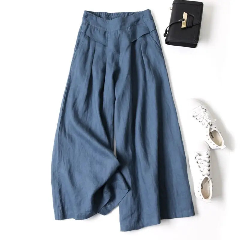 Pantalon Large d'Été en Coton et Lin pour Femme – Grande Taille, Taille Élastique, Coupe Ample et Décontractée