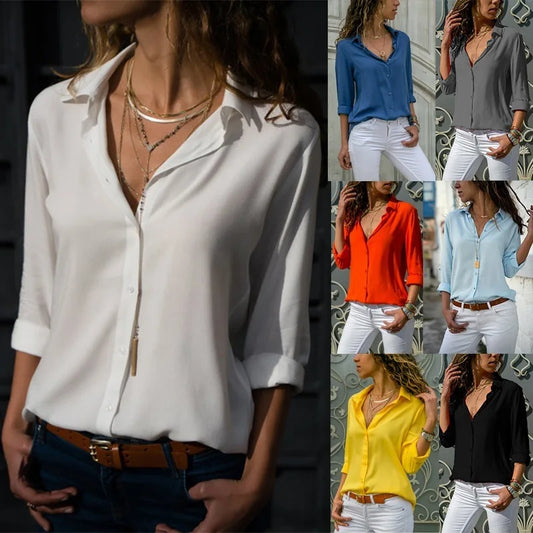 Blouse Ample Femme Grande Taille – Chiffon, Col Revers, Manches Longues, Unie, Boutonnée, Style Élégant