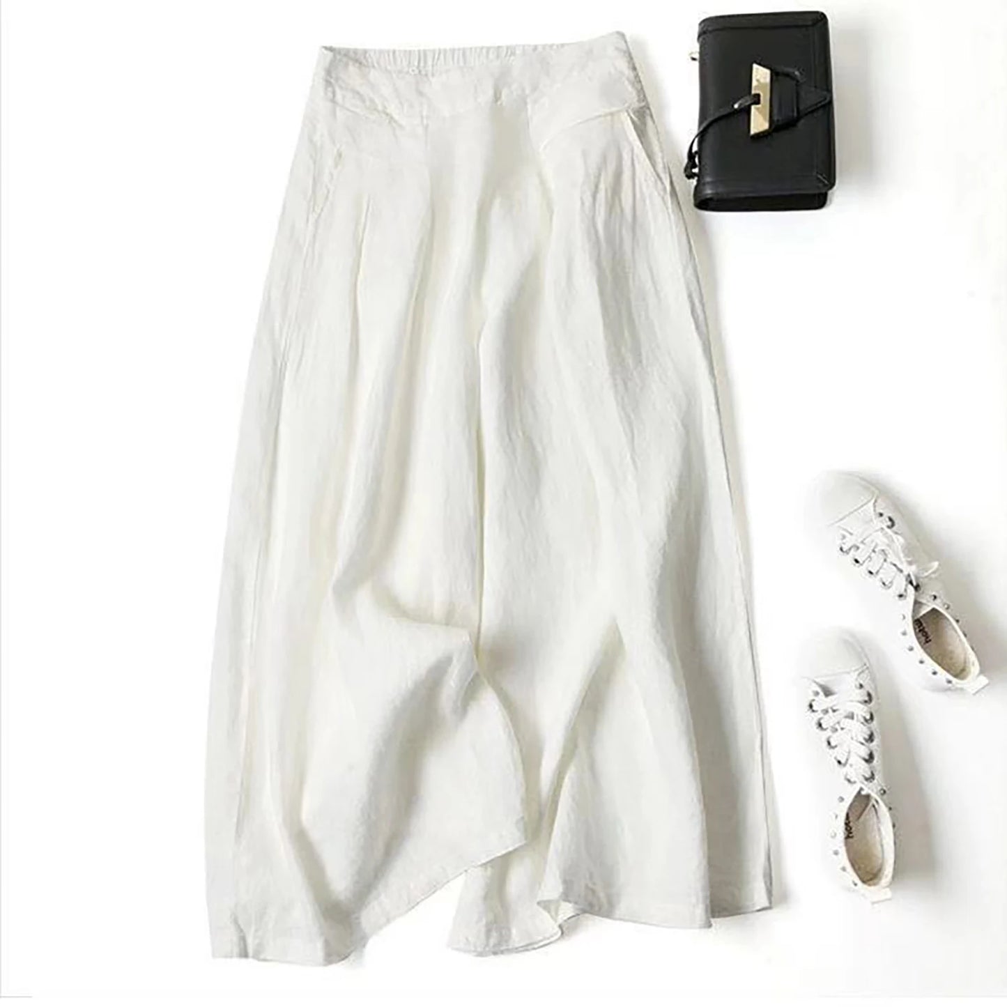 Pantalon Large d'Été en Coton et Lin pour Femme – Grande Taille, Taille Élastique, Coupe Ample et Décontractée