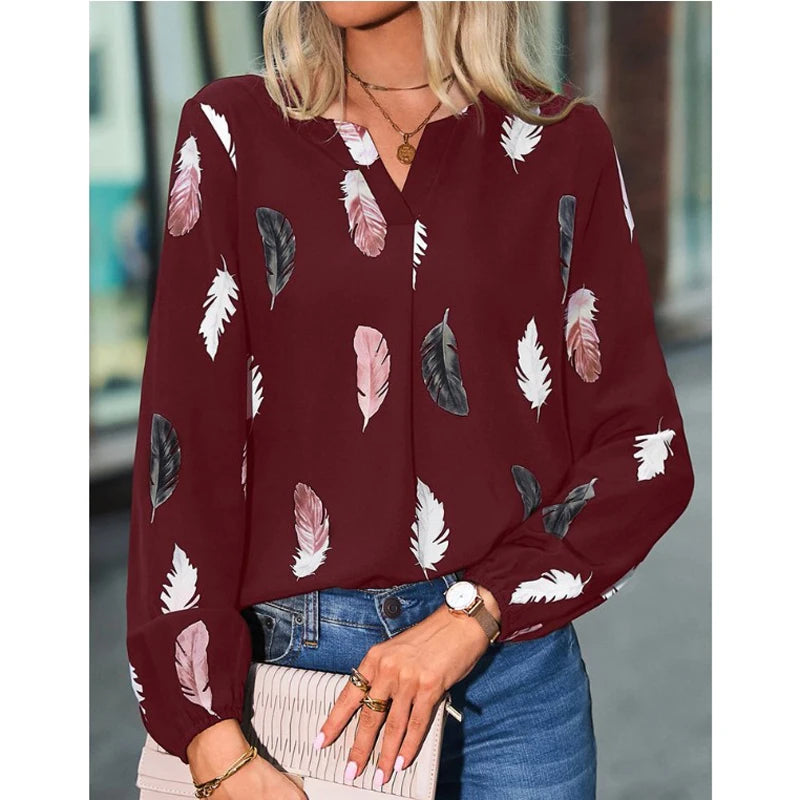 Blouse Élégante Femme Grande Taille – Manches Longues, Motif Plumes