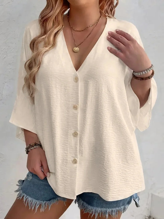 T-shirt Femme Grande Taille – Col V, Boutonné, Respirant, Uni, Style Décontracté