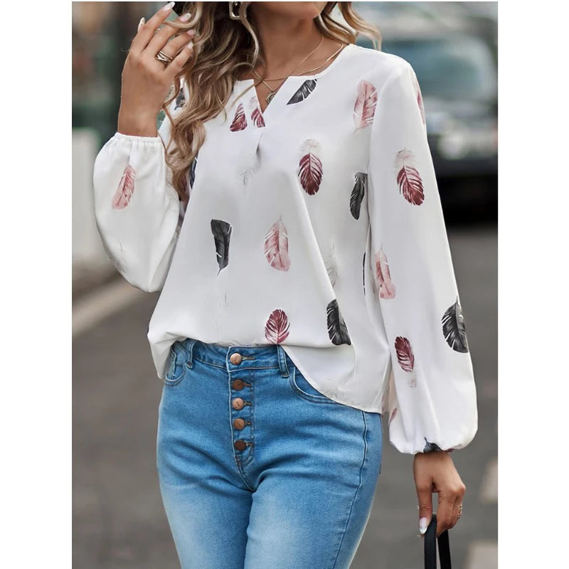 Blouse Élégante Femme Grande Taille – Manches Longues, Motif Plumes