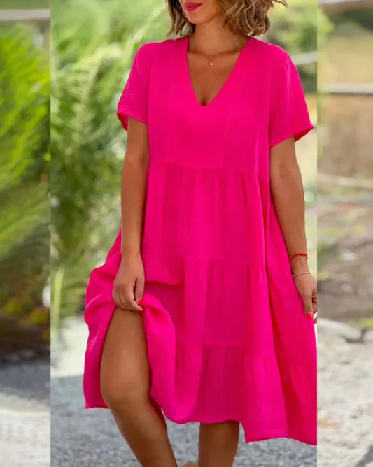 Robe Ample Femme Grande Taille – Lin et Coton, Manches Courtes, Col V, Coupe Évasée, Décontractée, Unie