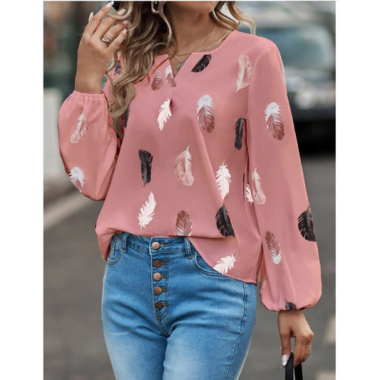 Blouse Élégante Femme Grande Taille – Manches Longues, Motif Plumes