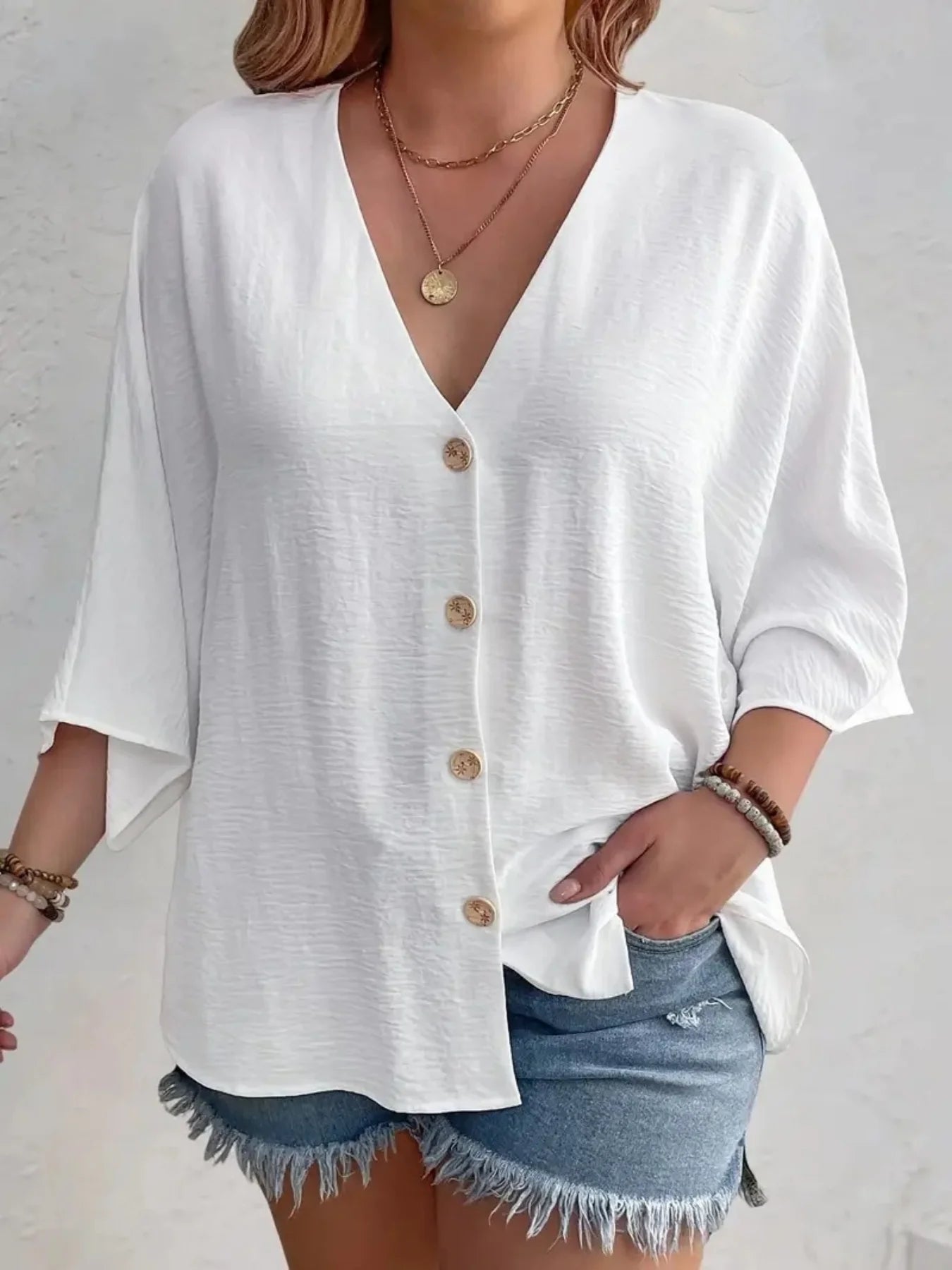 T-shirt Femme Grande Taille – Col V, Boutonné, Respirant, Uni, Style Décontracté