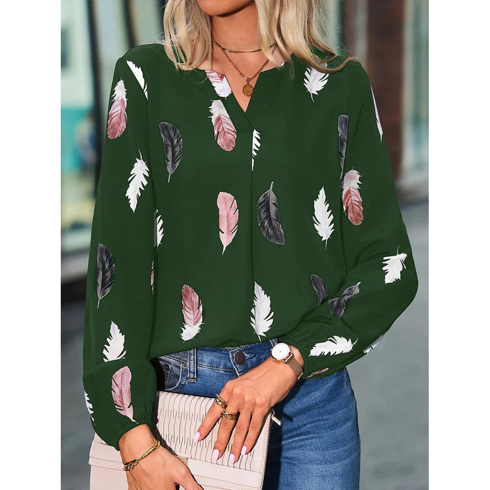 Blouse Élégante Femme Grande Taille – Manches Longues, Motif Plumes